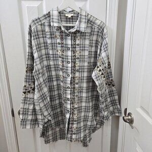 143‎ Story Button Up Shirt Womens M Brown Plaid Embroidered Boho Tunic Western